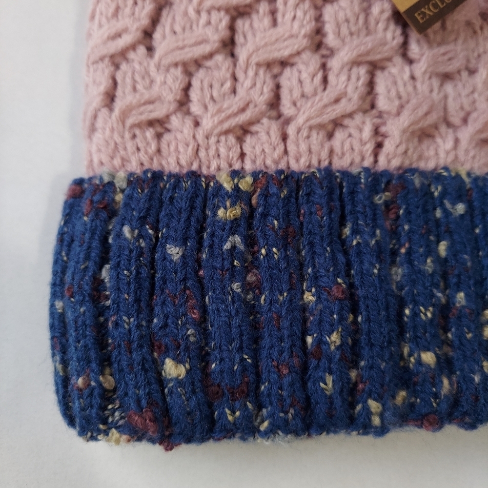 Womens Beanie Hat Pink Cable Knit Hat Winter Lined Pom Soft 100% Acrylic - Picture 10 of 11